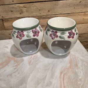 Ceramic Floral Oil Burner Warmer - Pink Flower, Green Trim